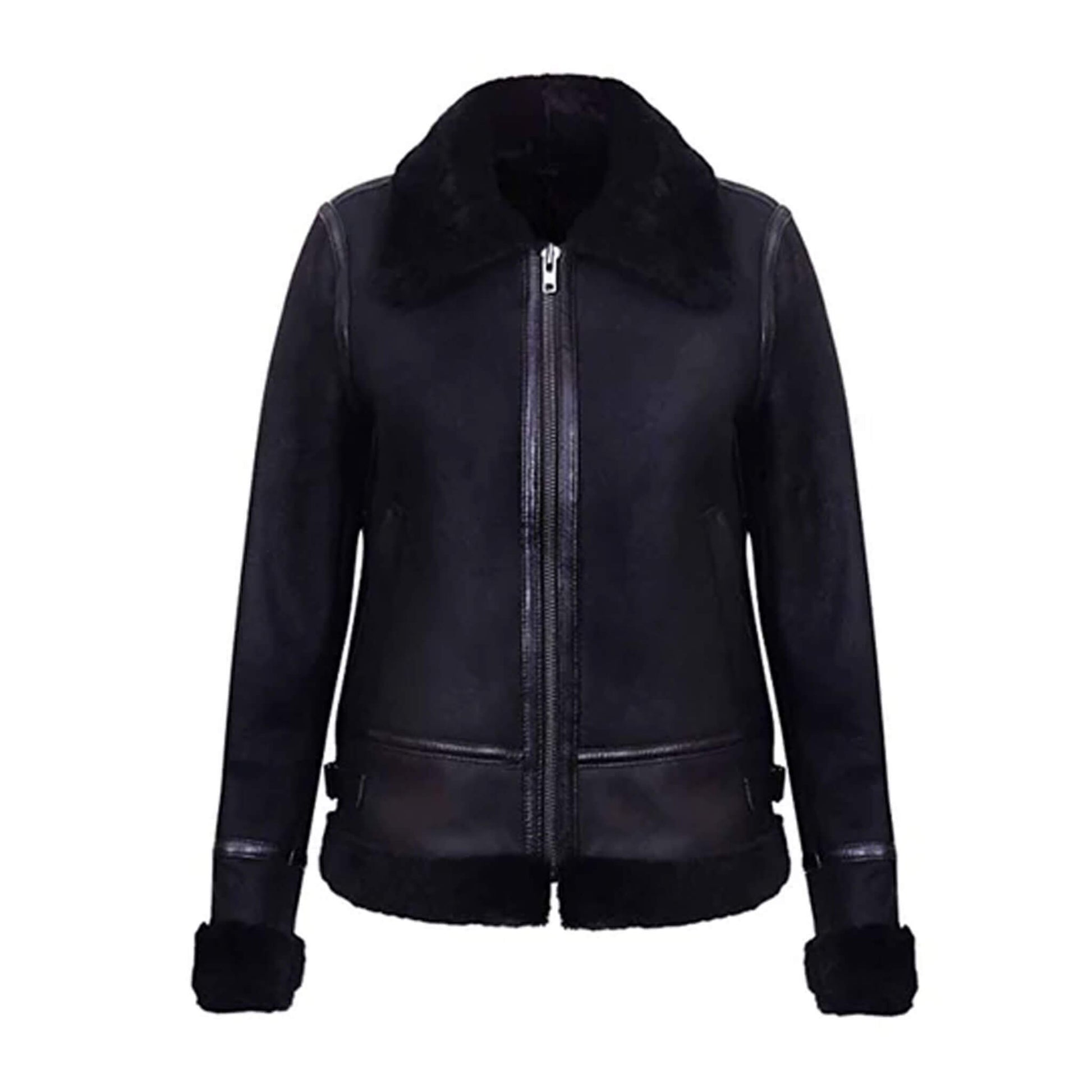 Women’s Raven Black Shearling Leather Jacket with premium cowhide leather body, soft black shearling collar, full shearling lining, and YKK zipper closure. Perfect for winter fashion, casual styling, and elegant cold-weather outerwear.
