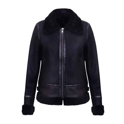 Women’s Raven Black Shearling Leather Jacket with premium cowhide leather body, soft black shearling collar, full shearling lining, and YKK zipper closure. Perfect for winter fashion, casual styling, and elegant cold-weather outerwear.