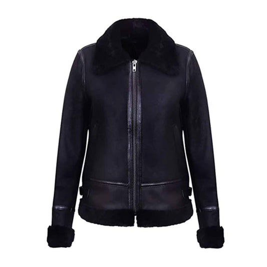 Women’s Raven Black Shearling Leather Jacket with premium cowhide leather body, soft black shearling collar, full shearling lining, and YKK zipper closure. Perfect for winter fashion, casual styling, and elegant cold-weather outerwear.