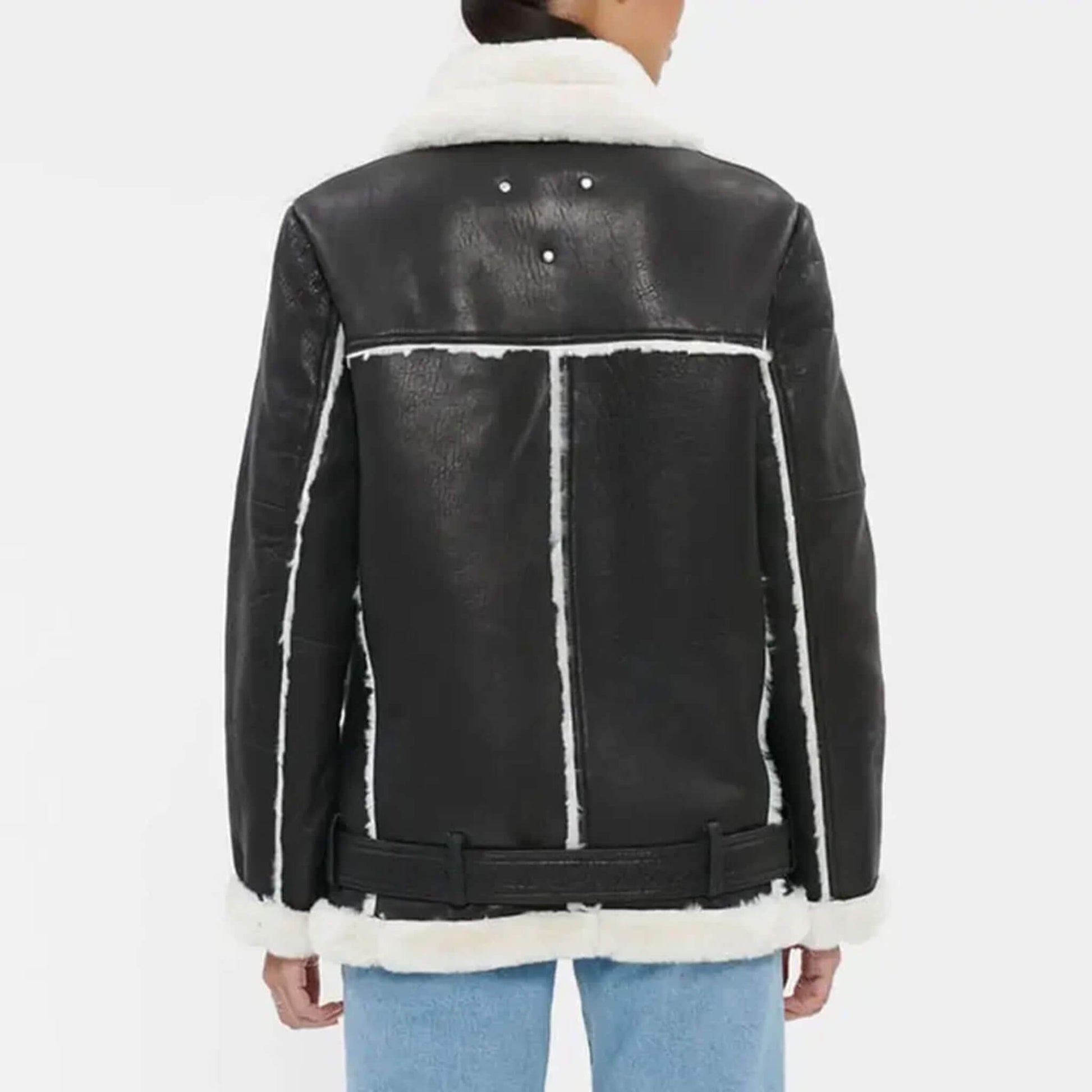 Rear image of Valencia Black Shearling Leather Jacket displaying premium stitching, plush shearling lining peeking at the hem and cuffs, and a flattering tailored cut, showcasing durable craftsmanship and timeless outerwear style for women’s winter fashion.