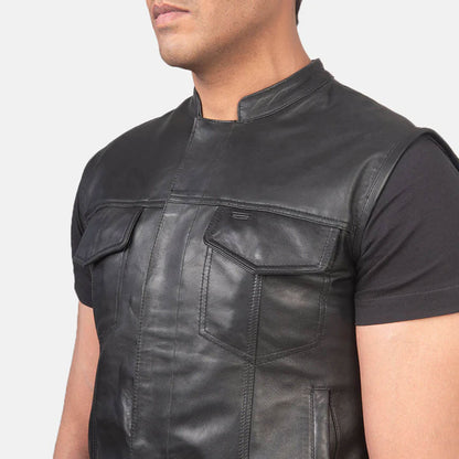 AtlasForge Moto Leather Vest – Stealth Black Edition