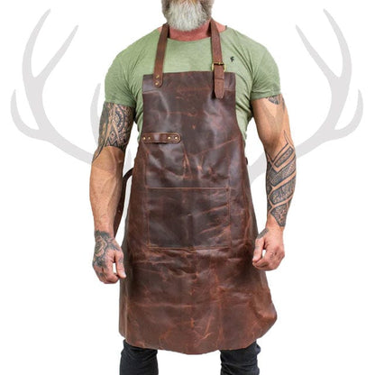 rustic brown leather apron, full grain leather work apron, handcrafted artisan apron, leather apron with brass hardware, adjustable leather apron for men

