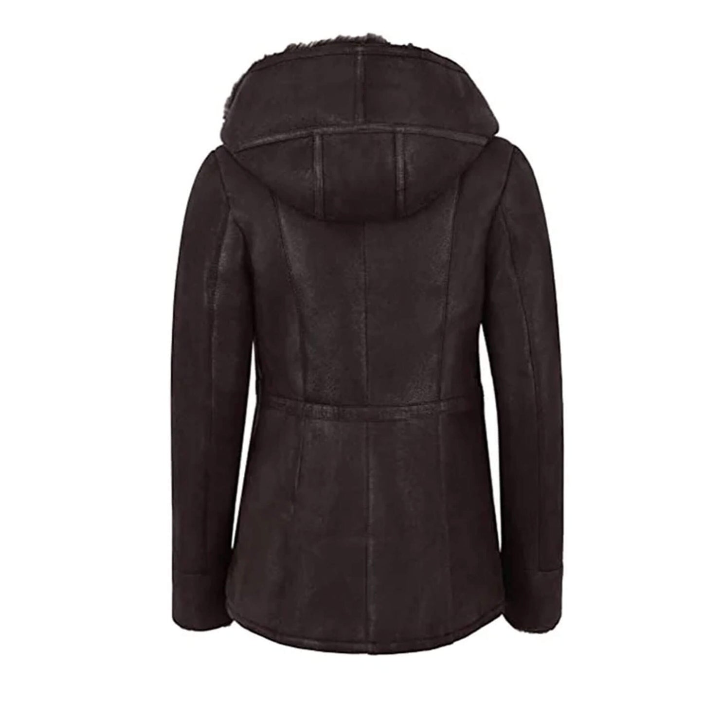 Chic black shearling leather jacket for women, featuring a cozy fur hood and warm shearling lining for superior winter protection. Crafted from real leather, this jacket combines durability with elegant design. Zippered pockets and a fitted silhouette enhance practicality and style, making it a perfect addition to women’s winter fashion wardrobes. A timeless outerwear choice for modern women who value luxury and function.