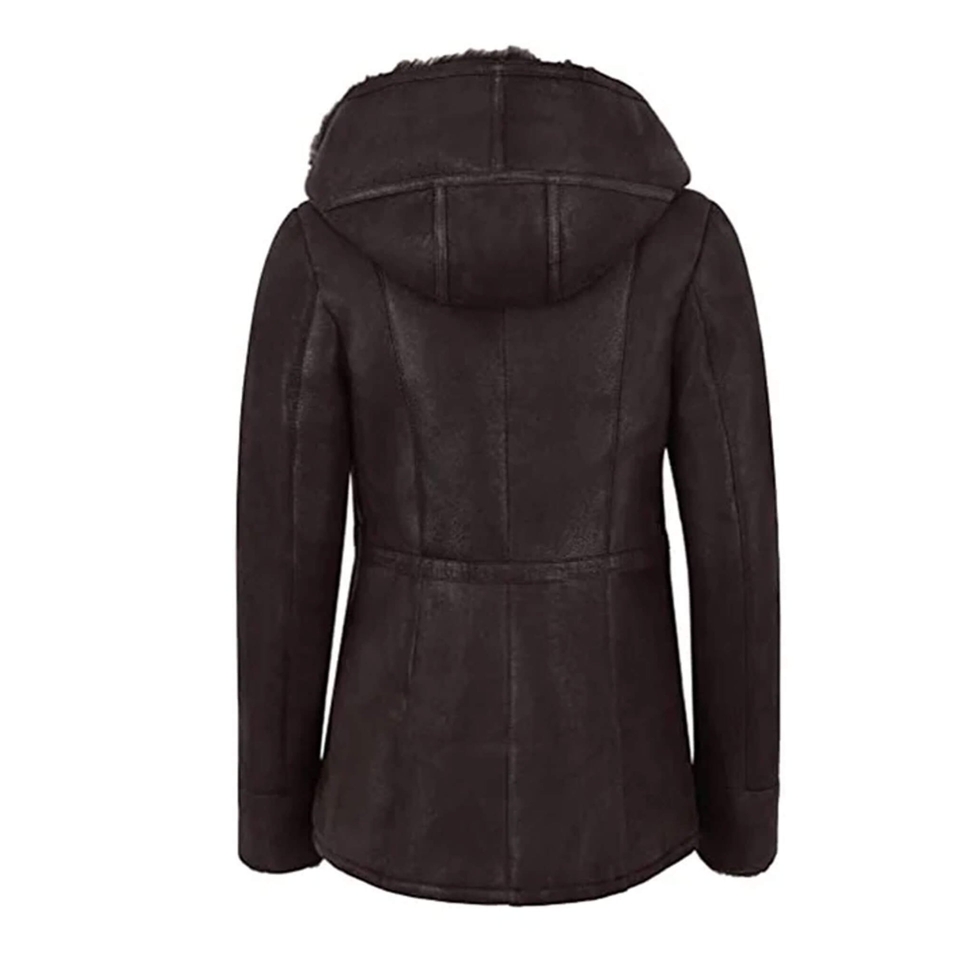 Chic black shearling leather jacket for women, featuring a cozy fur hood and warm shearling lining for superior winter protection. Crafted from real leather, this jacket combines durability with elegant design. Zippered pockets and a fitted silhouette enhance practicality and style, making it a perfect addition to women’s winter fashion wardrobes. A timeless outerwear choice for modern women who value luxury and function.