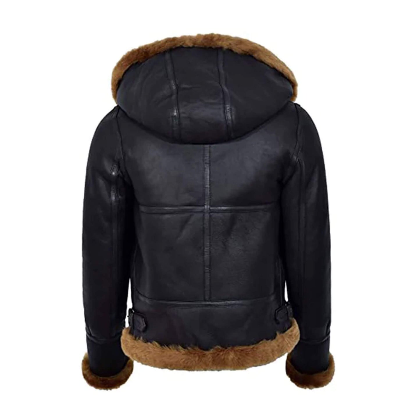 Genuine leather hooded bomber jacket with shearling lining, crafted in black with brown fur interior for maximum comfort and insulation. This unisex aviator shearling jacket is perfect for winter wear, outdoor adventures, and casual fashion. With a front zipper, functional side pockets, and rugged bomber silhouette, this jacket offers both durability and style. Ideal for men and women seeking reliable, warm, and timeless outerwear.