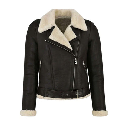 Aurora Black Shearling Leather Jacket for women, crafted from premium genuine leather with plush white shearling lining, featuring an asymmetrical zipper front, belted waist, and wide lapel collar. This luxurious black aviator shearling coat combines biker style with winter warmth, making it a perfect choice for fashion-forward cold weather outfits.