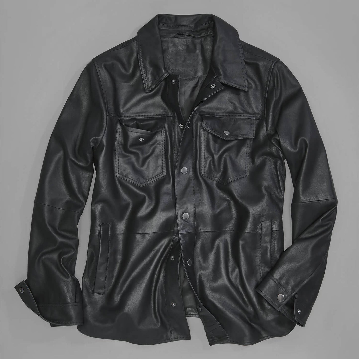 UrbanForge Black Leather Snap Front Shirt Jacket – Modern Heritage Edition