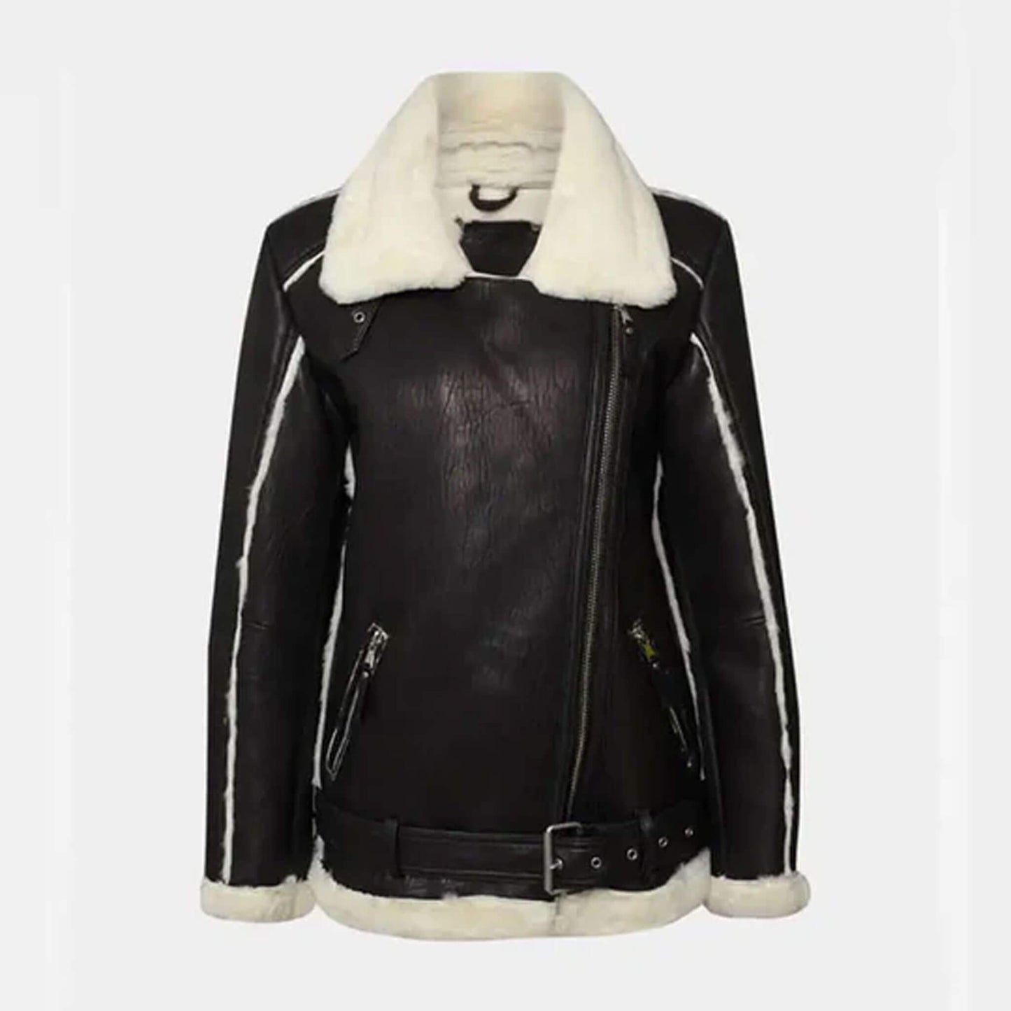 Valencia Black Shearling Leather Jacket featuring genuine leather exterior and plush white shearling lining, styled with an asymmetric zipper closure, belted waist, and contrast shearling trims, designed for women seeking a stylish and warm winter jacket that blends fashion and functionality.
