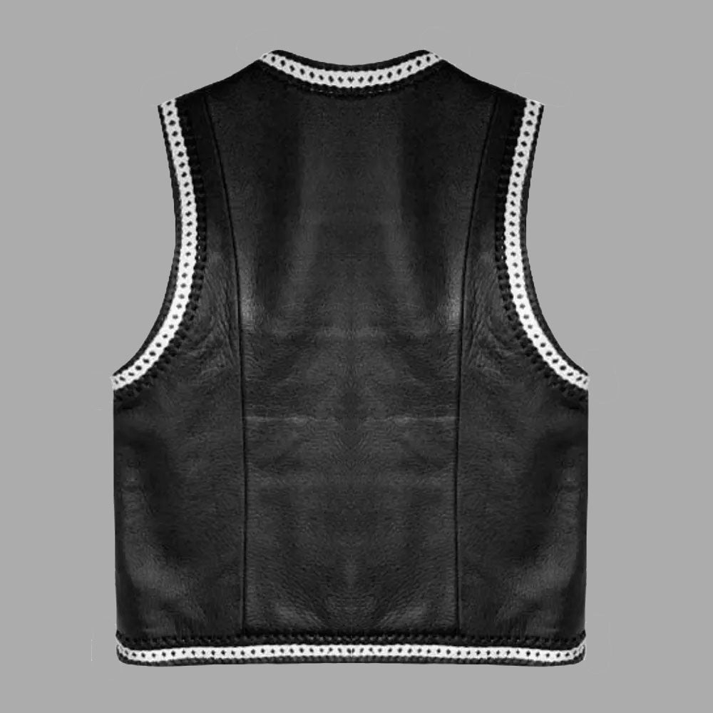 Back view of the Ironbraid cowhide leather biker vest showing full panel design, leather braiding across seams, and tailored custom finish.

