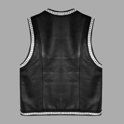 Back view of the Ironbraid cowhide leather biker vest showing full panel design, leather braiding across seams, and tailored custom finish.

