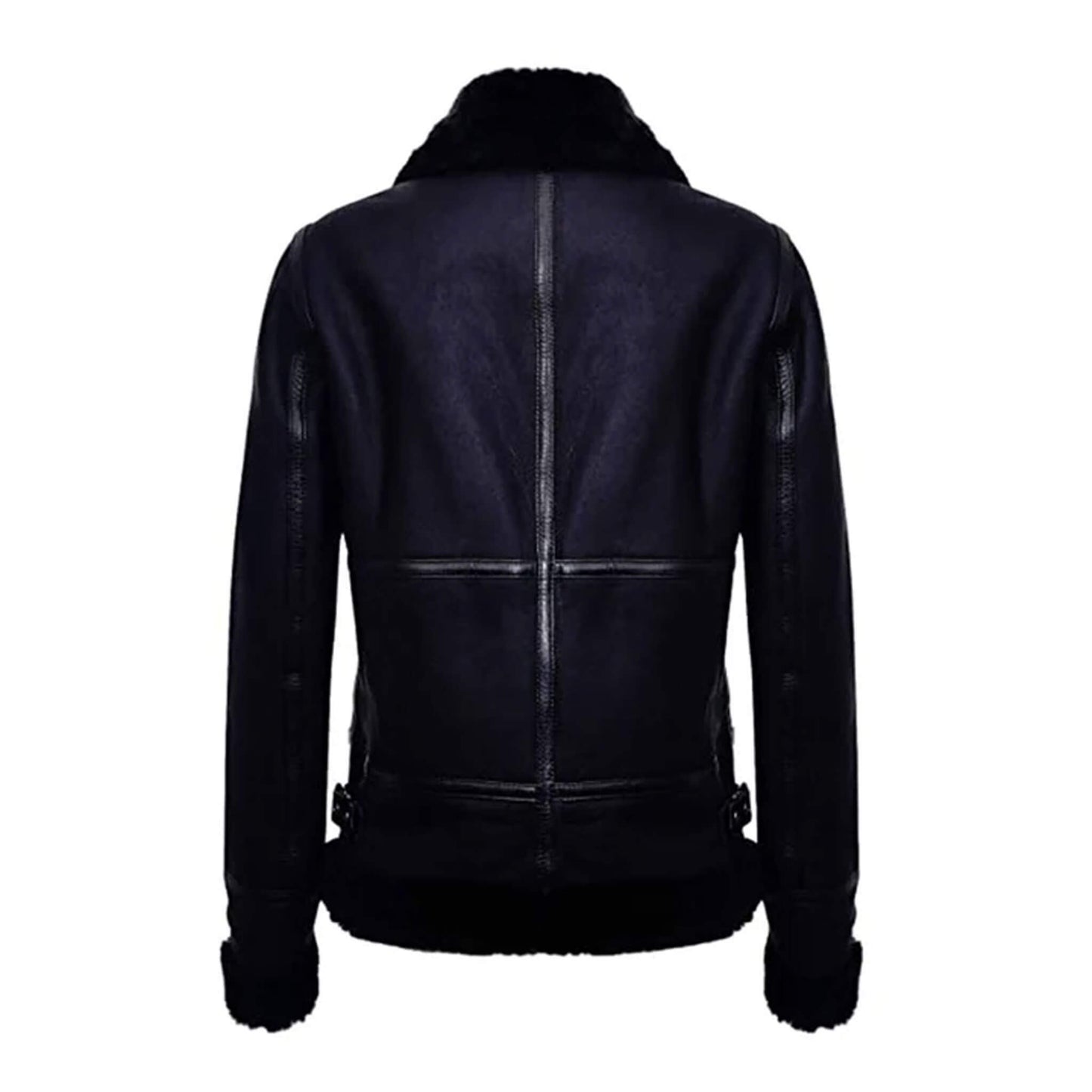 Back design of women’s black shearling leather jacket in genuine cowhide leather with fur collar and cuffs, tailored fit, and handmade craftsmanship. Perfect for winter fashion, luxury leather outerwear, and biker style jackets.