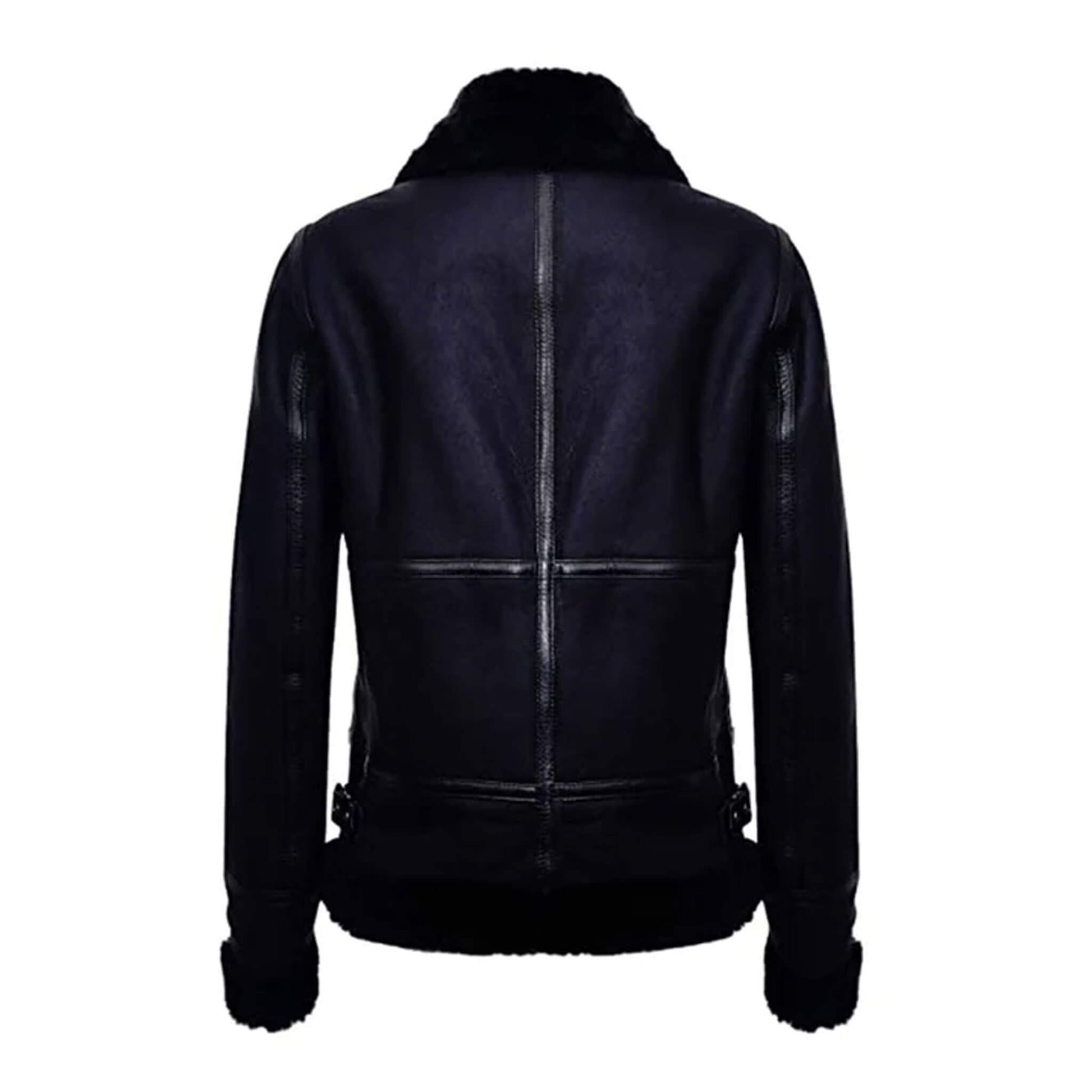 Back design of women’s black shearling leather jacket in genuine cowhide leather with fur collar and cuffs, tailored fit, and handmade craftsmanship. Perfect for winter fashion, luxury leather outerwear, and biker style jackets.