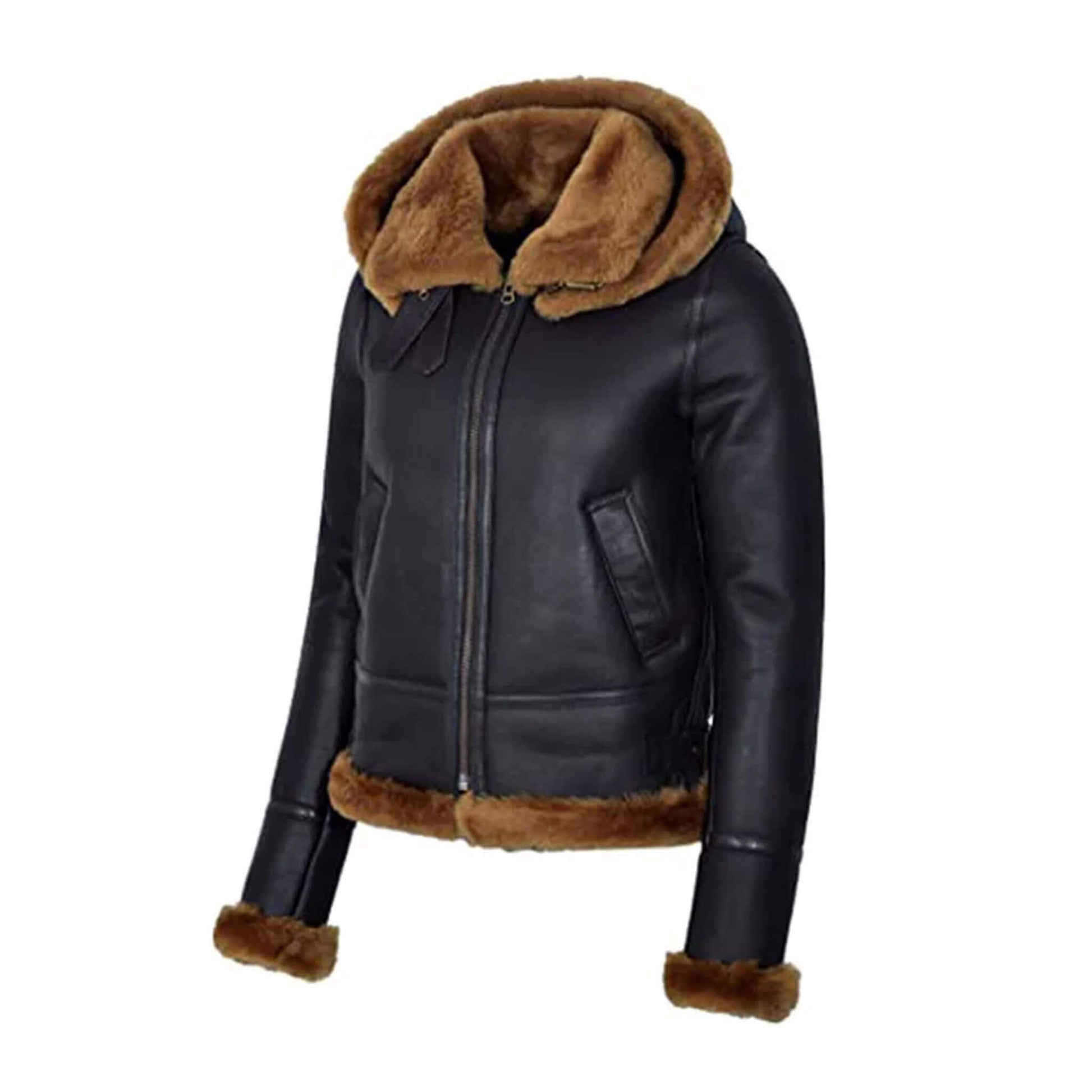 Premium black leather shearling bomber jacket with hood, designed for men and women who value style and functionality. Featuring a genuine leather exterior, soft brown fur lining, shearling cuffs, and hem, this winter coat provides insulation and durability. Perfect for travel, outdoor wear, or everyday city fashion, this versatile shearling-lined aviator jacket blends comfort with timeless bomber style for cold weather protection.