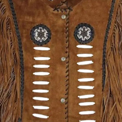 Close-up of a brown leather jacket with decorative buttons and fringes.