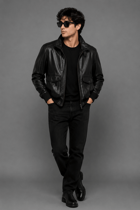 AeroForge Black Leather Bomber Jacket – Heritage Flight Edition