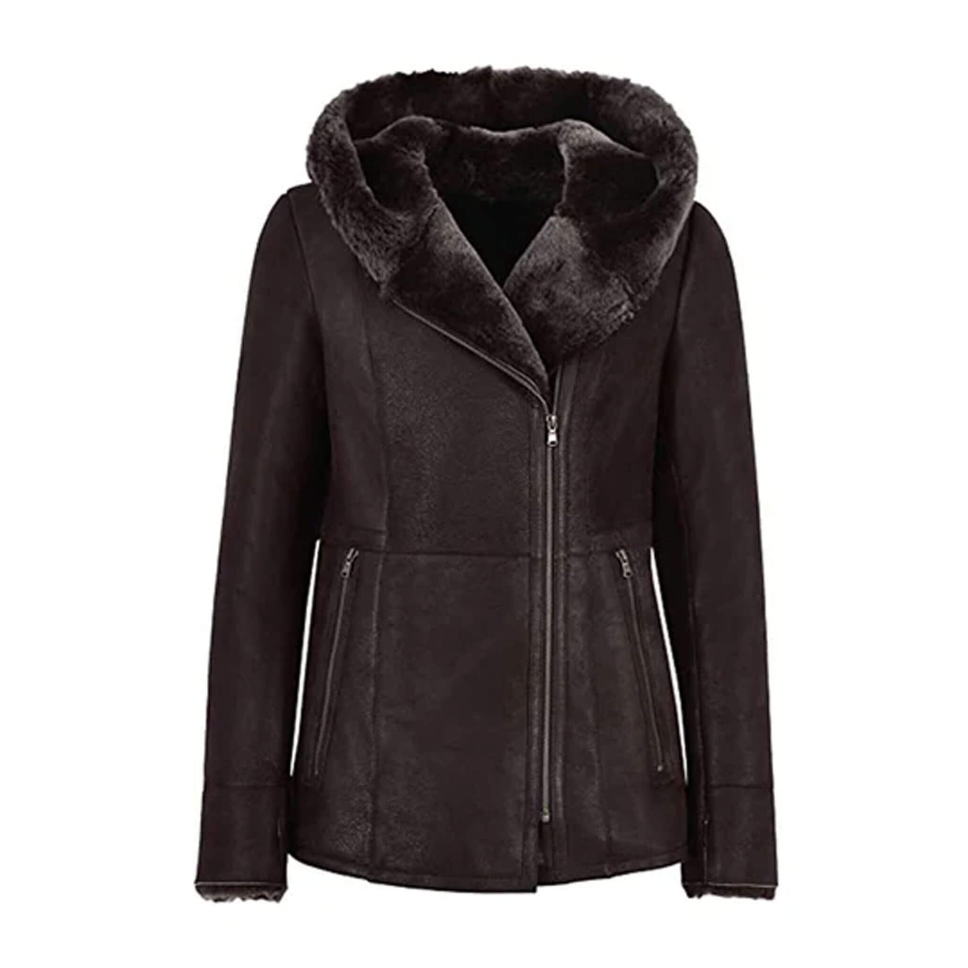 Women’s black shearling leather jacket with fur hood, crafted from genuine leather and lined with plush shearling for maximum warmth. Featuring a modern asymmetrical zip closure, tailored fit, and zippered pockets, this luxury winter jacket blends style, comfort, and durability. Perfect for chic winter outfits, outdoor wear, or elegant cold-weather fashion, this hooded leather coat keeps you cozy and stylish all season.
