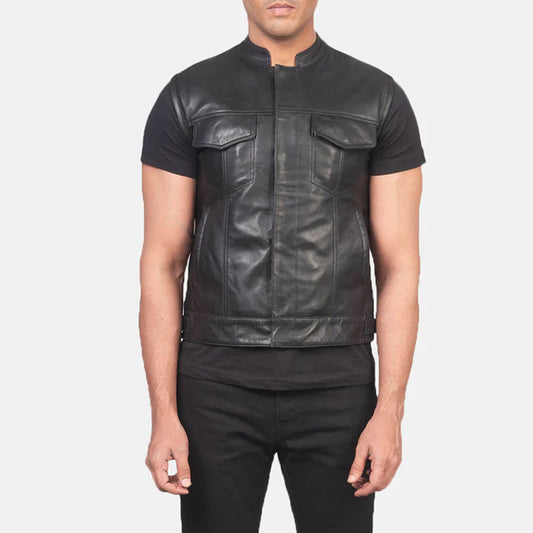 AtlasForge Moto Leather Vest – Stealth Black Edition