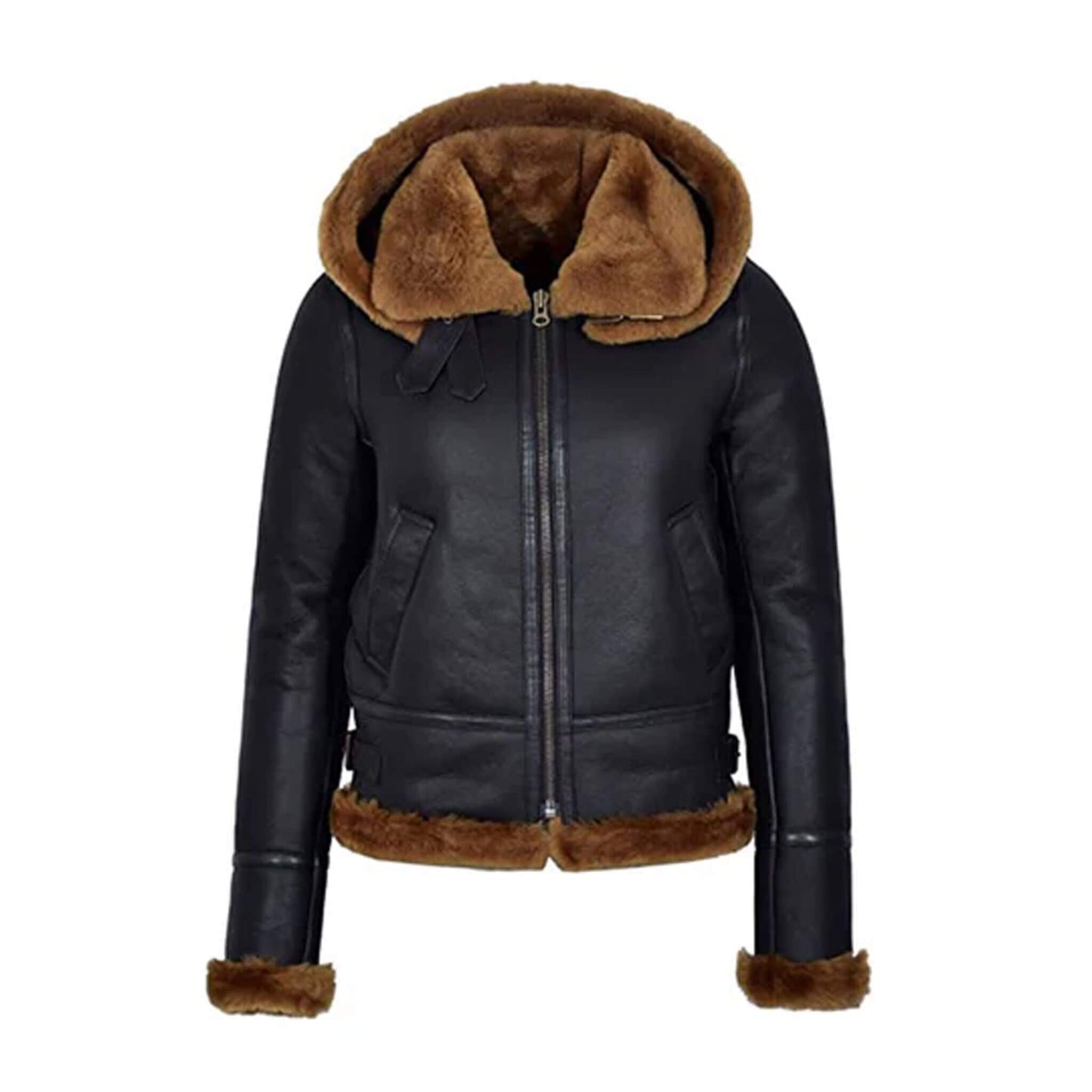 Black Aviator Shearling Hooded Leather Bomber Jacket for men and women, crafted from premium genuine leather with a luxurious brown fur lining. This stylish winter bomber coat combines rugged aviator heritage with modern design, offering warmth, comfort, and durability. Perfect for casual fashion, outdoor adventures, and cold weather wear, this hooded shearling leather jacket is a timeless addition to any wardrobe.