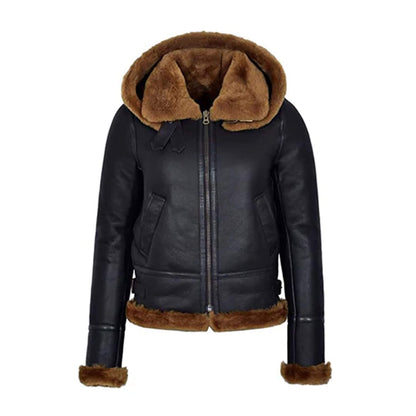 Black Aviator Shearling Hooded Leather Bomber Jacket for men and women, crafted from premium genuine leather with a luxurious brown fur lining. This stylish winter bomber coat combines rugged aviator heritage with modern design, offering warmth, comfort, and durability. Perfect for casual fashion, outdoor adventures, and cold weather wear, this hooded shearling leather jacket is a timeless addition to any wardrobe.