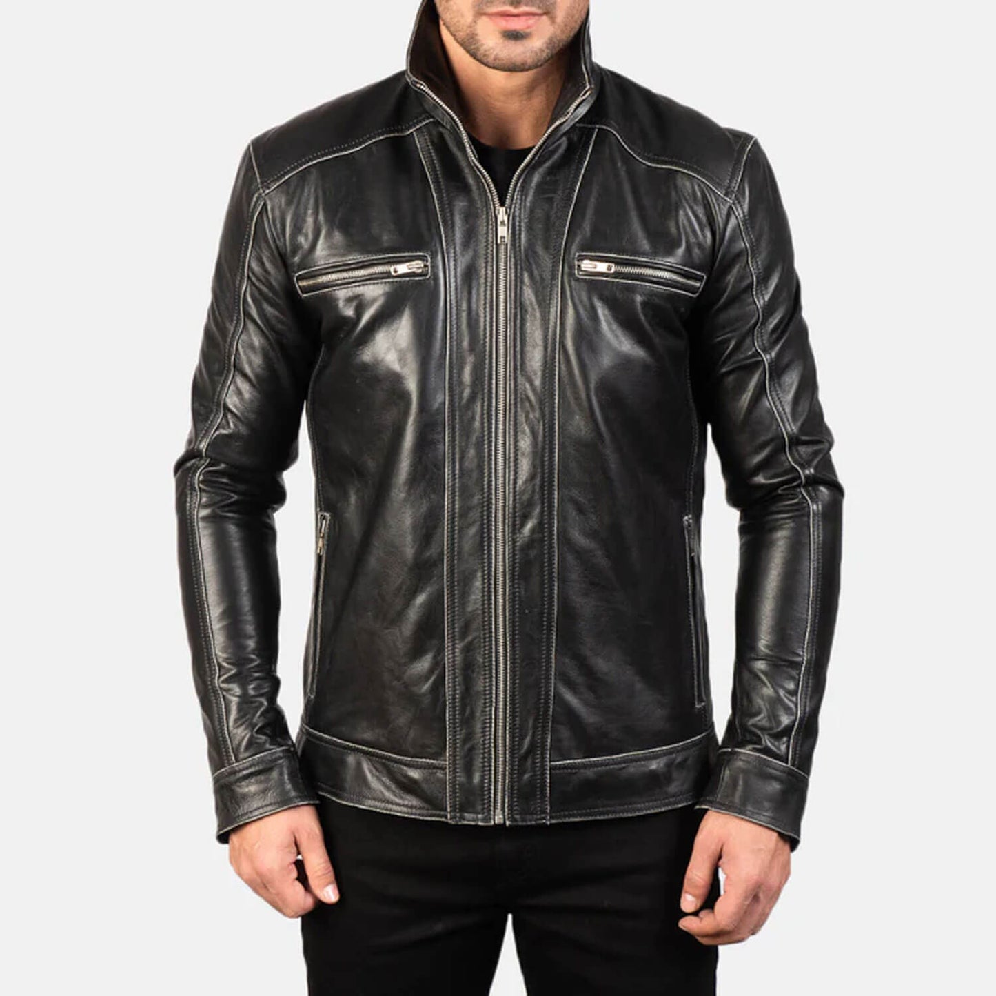 NightForge Leather Biker Jacket – Shadow Black Edition
