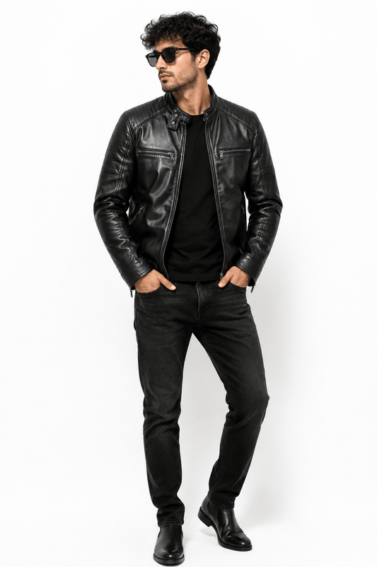 ApexEdge Collarless Leather Moto Jacket – Modern Rider Edition
