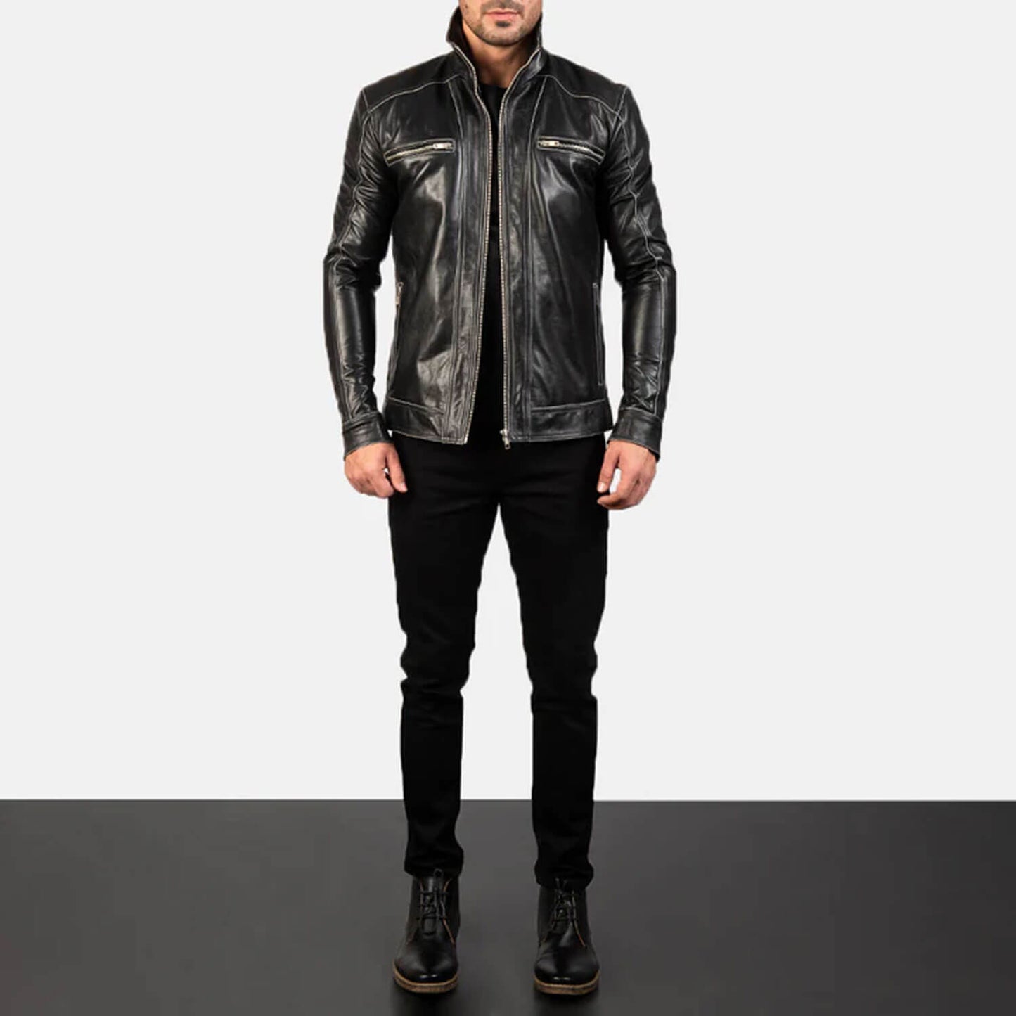 NightForge Leather Biker Jacket – Shadow Black Edition