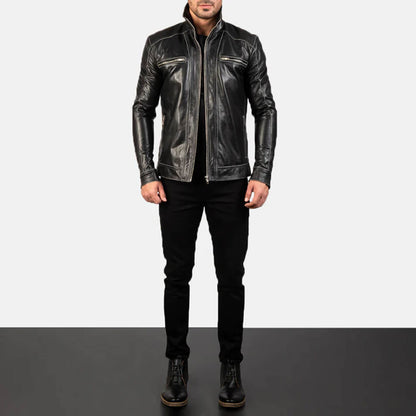 NightForge Leather Biker Jacket – Shadow Black Edition
