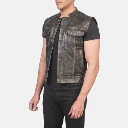 RustForge Moto Leather Vest – Distressed Brown Edition