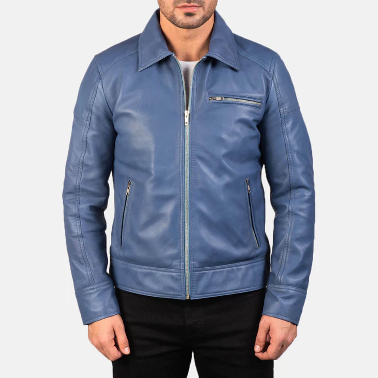 AzureRogue Leather Biker Jacket – Midnight Blue Edition