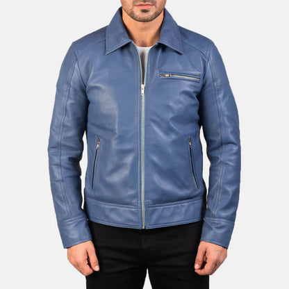 AzureRogue Leather Biker Jacket – Midnight Blue Edition