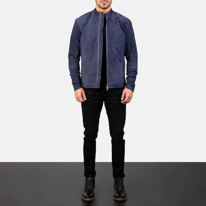 MidnightHarbor Suede Biker Jacket – Navy Blue Edition
