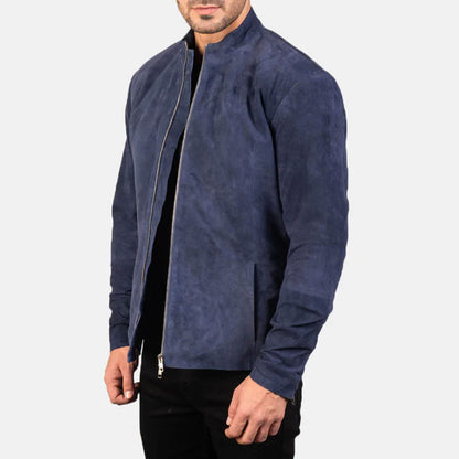 MidnightHarbor Suede Biker Jacket – Navy Blue Edition