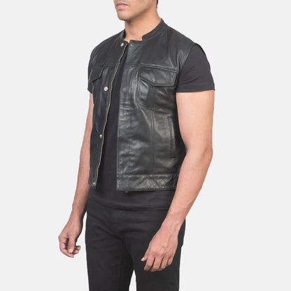 AtlasForge Moto Leather Vest – Stealth Black Edition