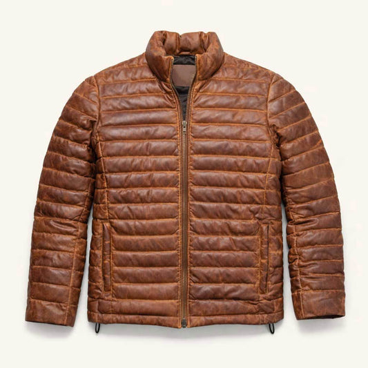 TimberPeak Brown Leather Down Jacket – Heritage Winter Edition