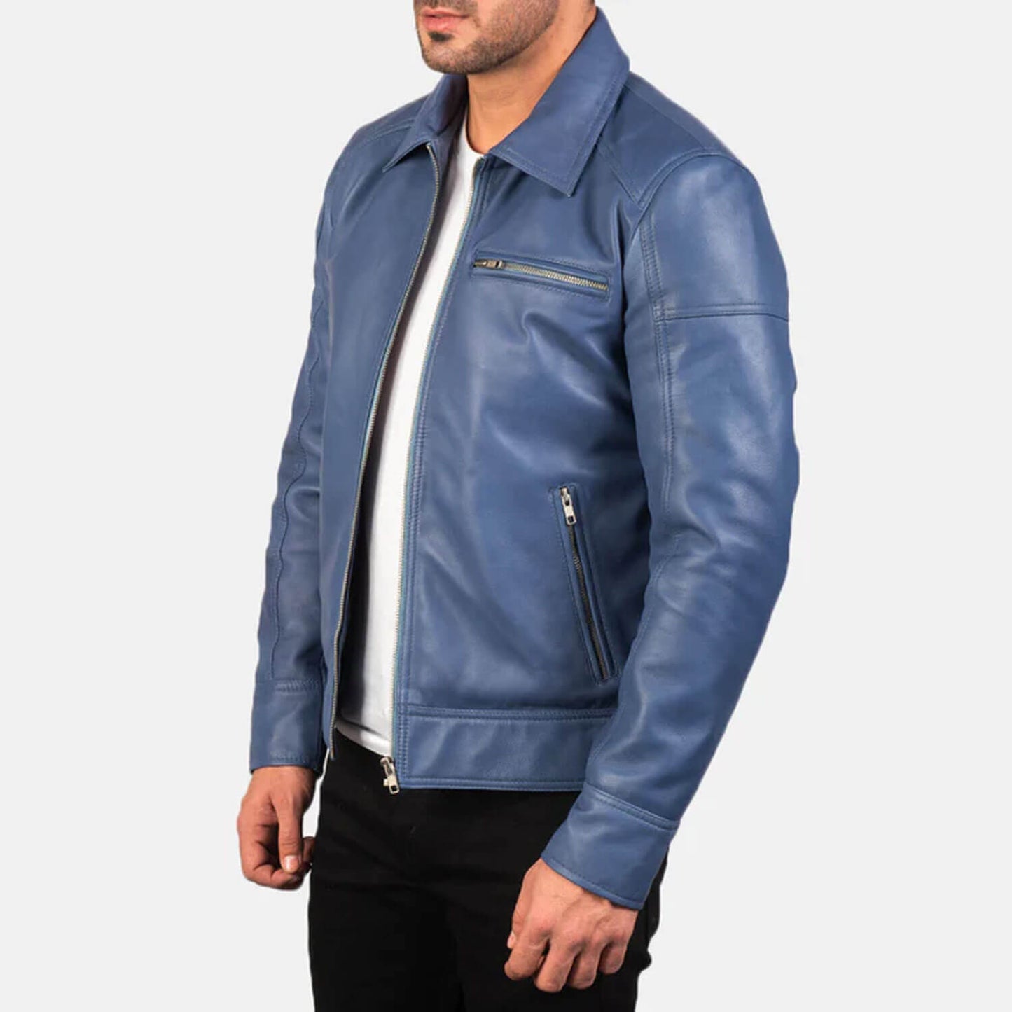 AzureRogue Leather Biker Jacket – Midnight Blue Edition