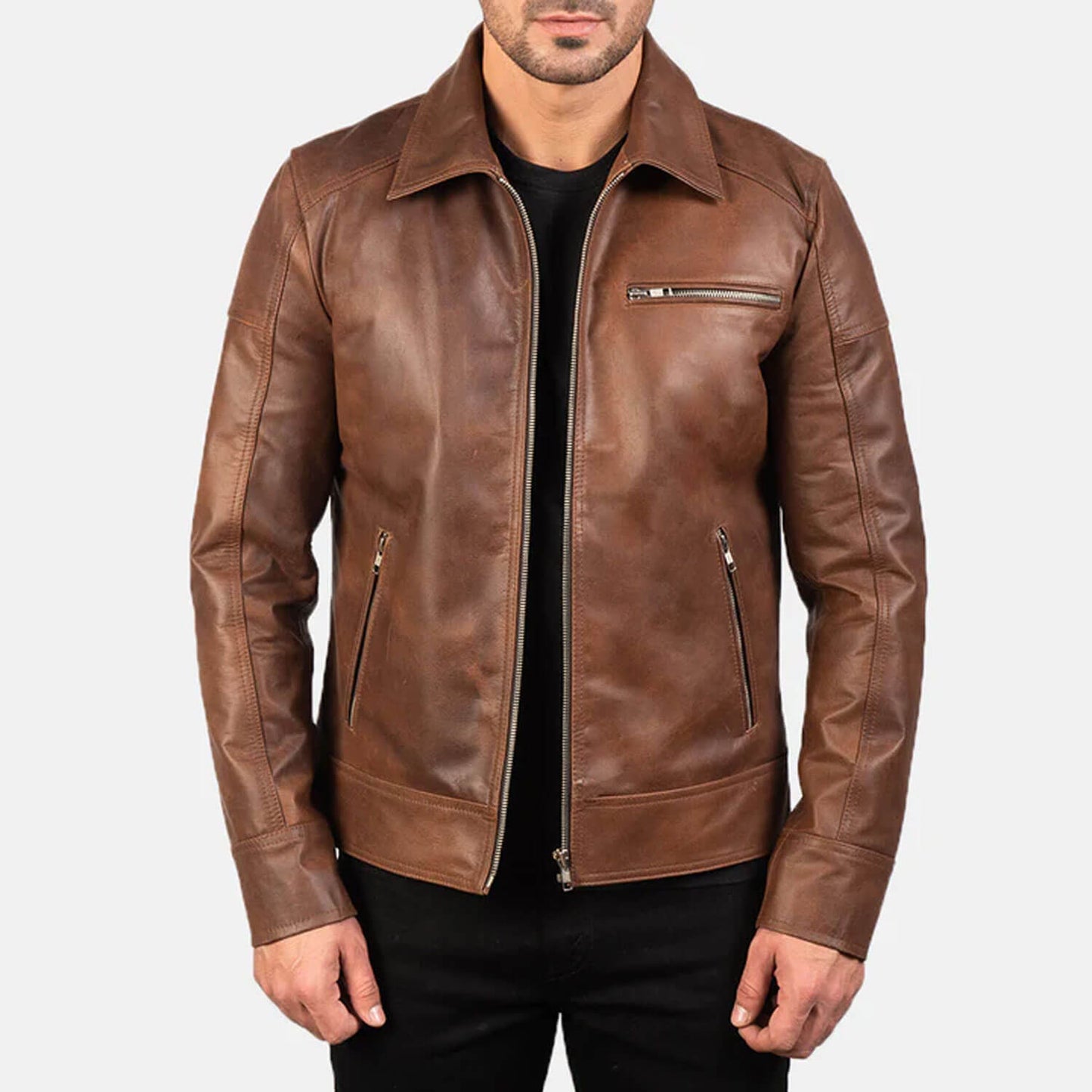 CedarRidge Leather Biker Jacket – Walnut Brown Edition