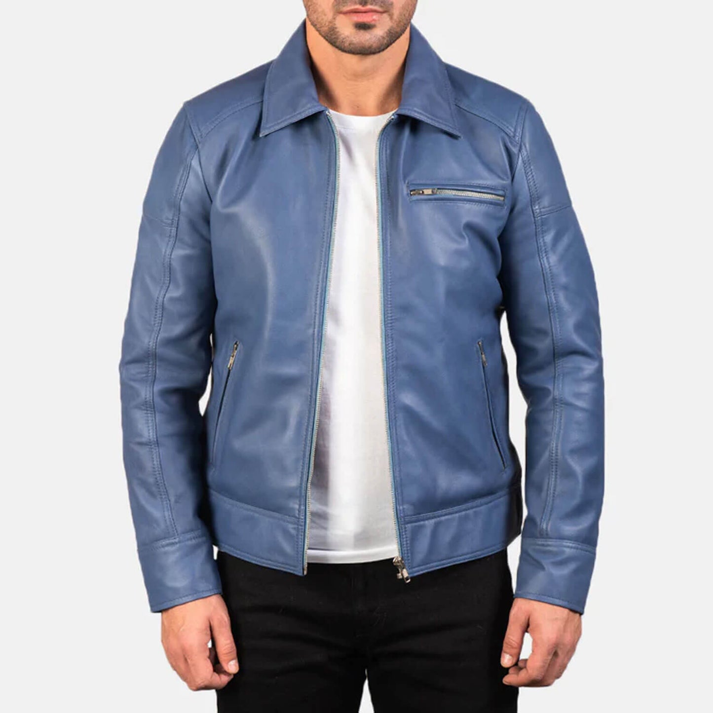 AzureRogue Leather Biker Jacket – Midnight Blue Edition