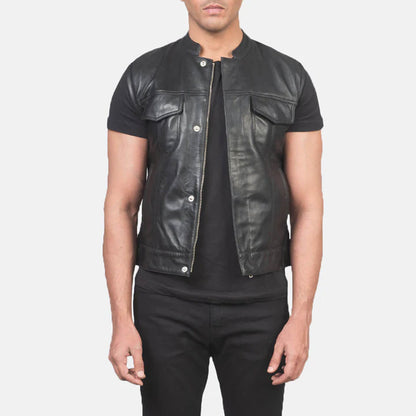 AtlasForge Moto Leather Vest – Stealth Black Edition