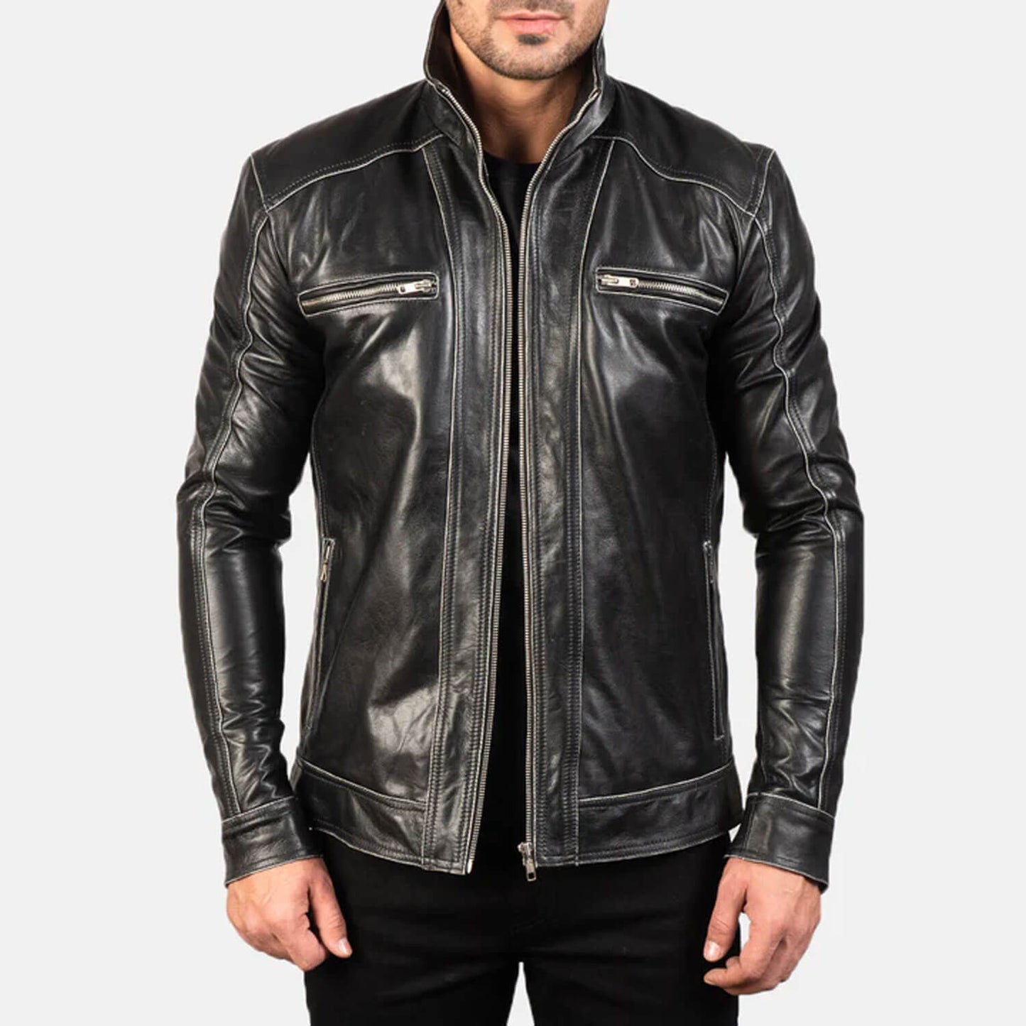 NightForge Leather Biker Jacket – Shadow Black Edition