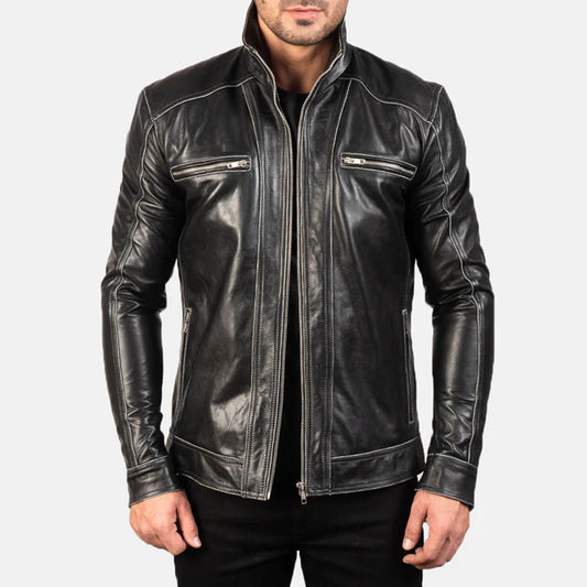 NightForge Leather Biker Jacket – Shadow Black Edition