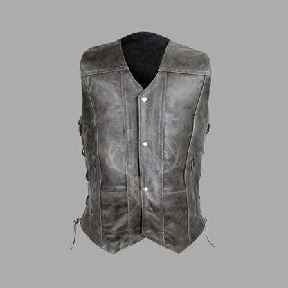 Distress Gray Leather Club Vest with Side Lace & Mesh Lining