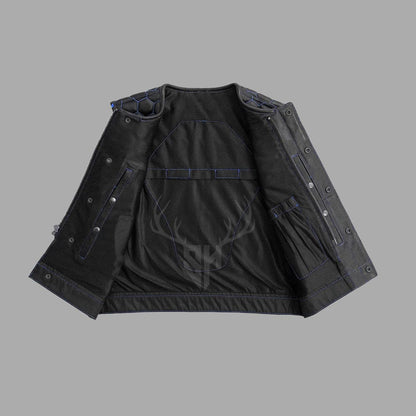 Blue Combed Motorcycle Club Vest - Perforated Leather, Printed Lining and ribbed Armholes