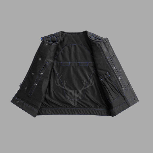 Blue Combed Motorcycle Club Vest - Perforated Leather, Printed Lining and ribbed Armholes
