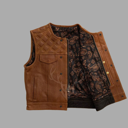 Brown Motorcycle Leather Vest with Printed Lining - Customizable