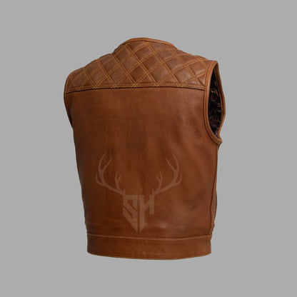 Brown Motorcycle Leather Vest with Printed Lining - Customizable