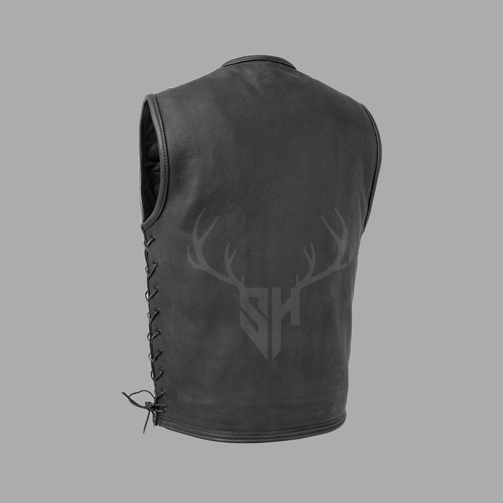 A true club-ready vest for motorcyclists, featuring rugged leather, vintage brass buttons, and full personalization potential with biker patches and name tags.