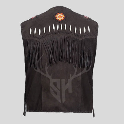 Artisan-made western fringe vest in chocolate suede, tailored for men who love cowboy tradition and style.

