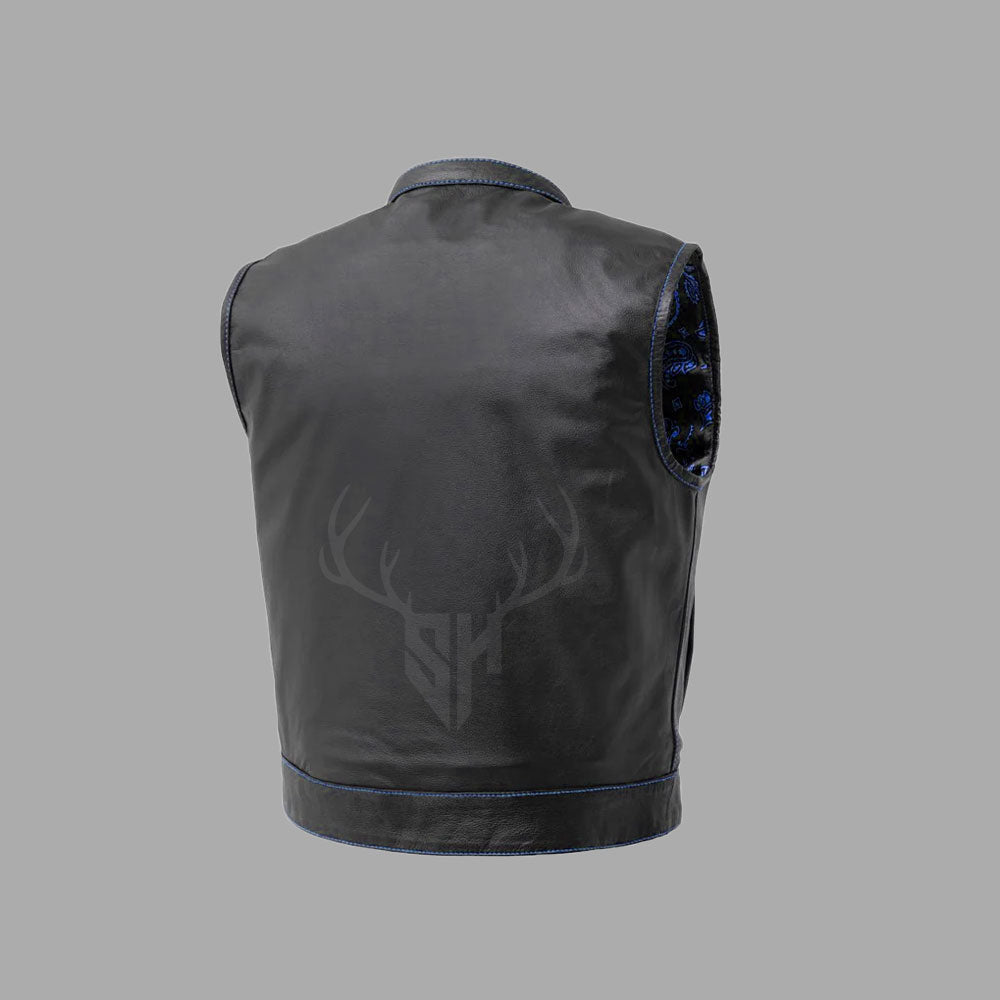 Back shot of BlueMark cowhide motorcycle vest showcasing clean structure ideal for patch customization. This black leather vest is handcrafted with a breathable printed blue lining, making it both stylish and practical for MC wear and rugged road use.

