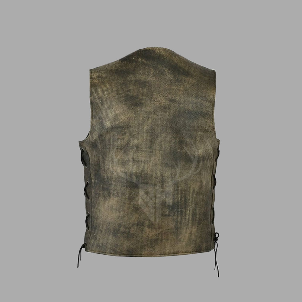 Back view of Goldflare Vintage Cowhide Biker Vest in distressed gold, featuring side lace adjustment and clean panel for club patch customization. Designed from premium cowhide leather, this view highlights the structure, stitching, and rugged styling ideal for MC riders and motorcycle enthusiasts.

