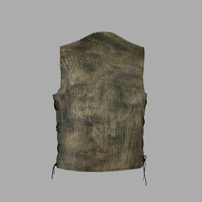Back view of Goldflare Vintage Cowhide Biker Vest in distressed gold, featuring side lace adjustment and clean panel for club patch customization. Designed from premium cowhide leather, this view highlights the structure, stitching, and rugged styling ideal for MC riders and motorcycle enthusiasts.

